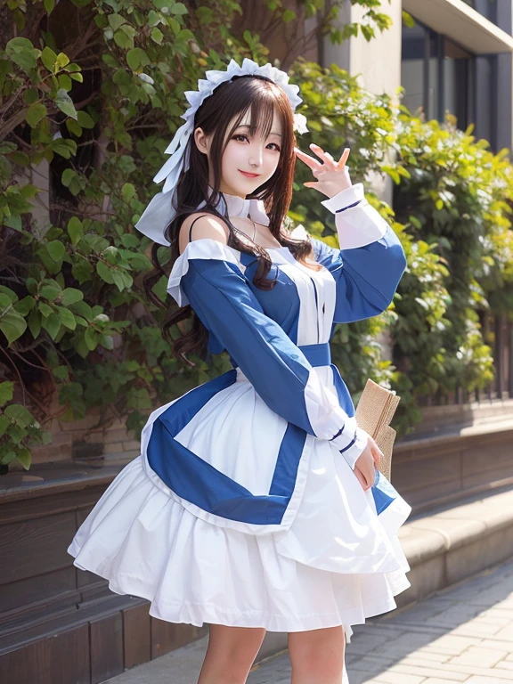 Photo-realistic quality、anime - style woman in a white and blue ドレス posing for a picture, anime Cosplay, anime girl Cosplay、 Cosplay,  Maid Dress, Azur Lane Style, Anime Goddess,, professional Cosplay, Looking at the camera、Cute smile、A soft and gentle look