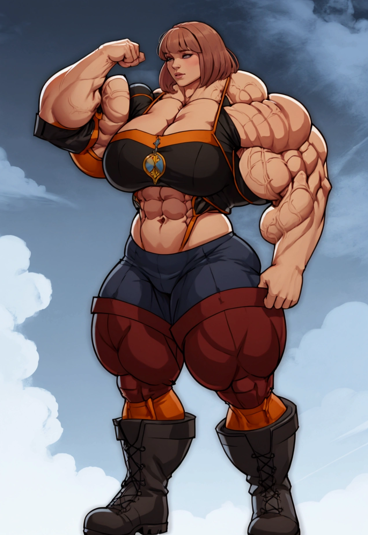 ((Masterpiece)), ((Best Quality)), ((NSFW)), (((accurate anatomy))), (((Huge breasts))), ((long legs)), ((wide hips)), ((((Muscular Legs)))), (((Massive Female Bodybuilder))), (((((Huge Muscles))))). Cicatrices, Recortar arriba, musculatura, Ropa de guerra. Chica salvaje y guerrera. El arma es un hacha. savagebanime chica. Ojos estilo anime. Imagen clave del anime. Estudiante perfecto. solamente. Kunaboto, gigantes tetas, enorme culo, en cuclillas