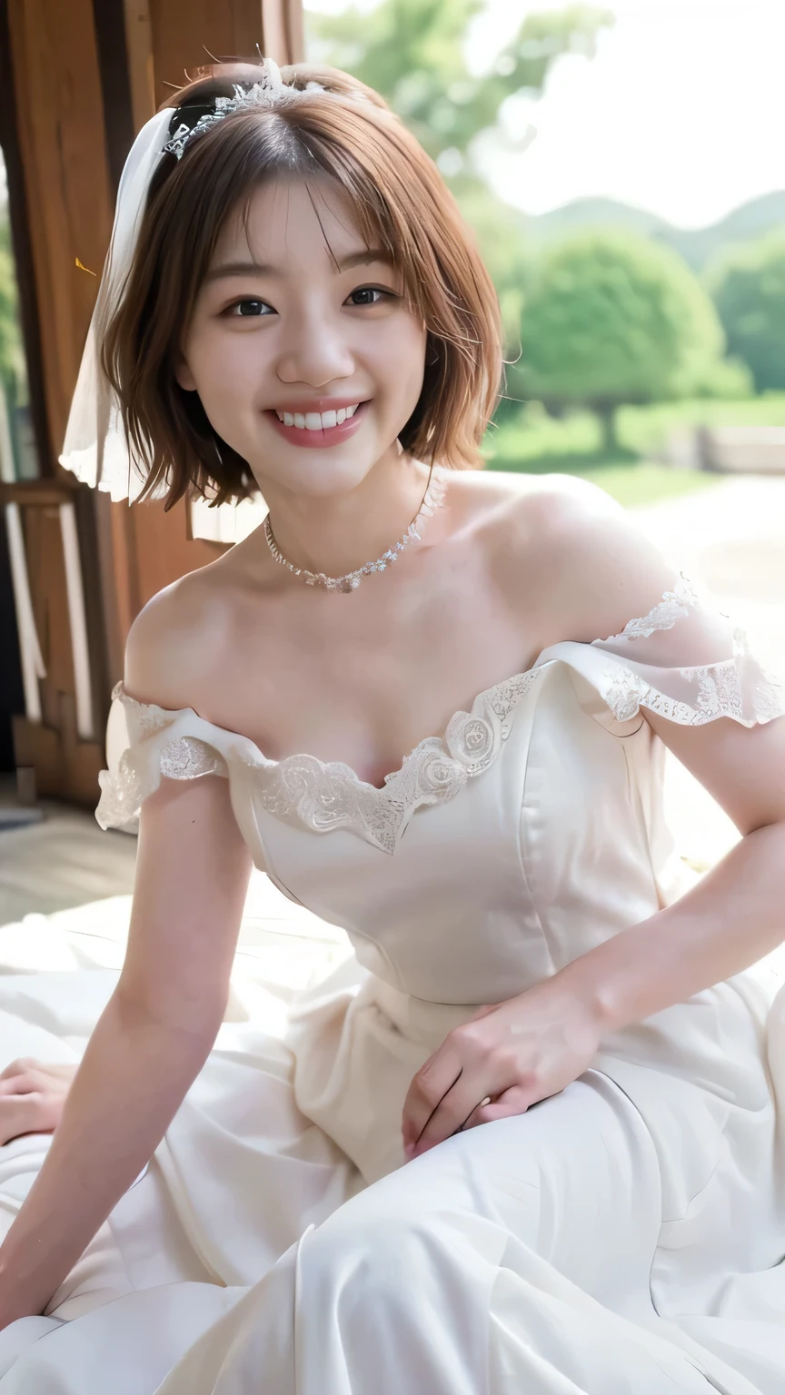 (8k、RAW Photos、Best Quality、masterpiece:1.2)、(Realistic、Realistic)、1 girl、((Off-the-shoulder wedding dresses、Chapel、Short Bob、View from the front、smile、Looking at the camera 、smile、stand))、cute、Large Breasts、Cleavage