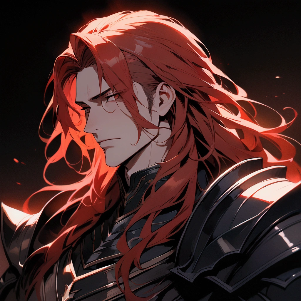 A man with long red hair, a dark and lifeless look he is a villain an emperor in a destroyed kingdom full of magma and fire destruction everywhere he walks in his dark armor amid the chaos, medieval dnd era