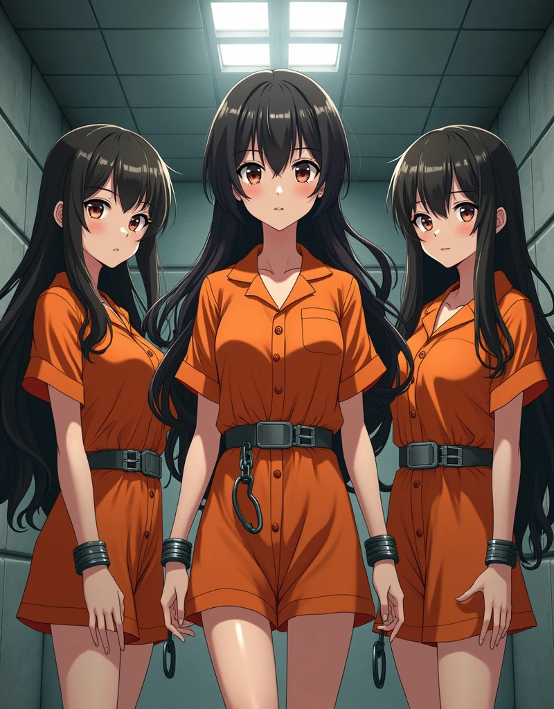 Shota, 1boy, shotacon, onee-shota, orange jumpsuit, indoors, prison, jail, scared, surrounded by girls, cleavage, multiple girls