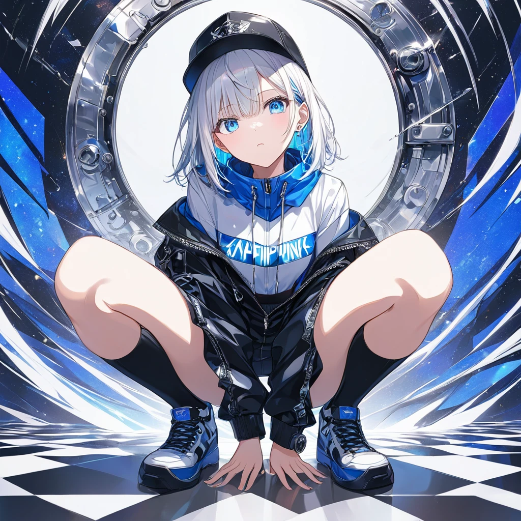 Anime Style,One woman,Wear a cap,White Hair,lob hair,blue eyes,Shining Eyes,緑にShining Eyesのハイライト,Like Sapphire Punk Rock Outfit,Metallic Image,black,Crouching,Symmetrical Emphasis on the feminine,Blur the background,Low Angle Masterpiece,Best Quality,Exquisite,8k,Absurd,Ultra-detailed illustrations,(Watch the audience)