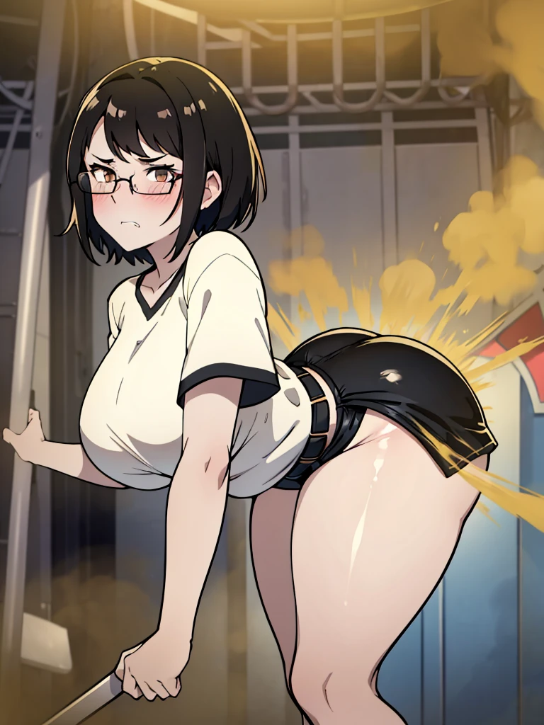 solo,1girl,black hair , brown eyes, hair bang, short hair, pale skin, glasses, oversized white tshirt, black shorts, massive fart, farting, blush, viewing ass, eyes wide open, shocked face, shocked eyes, shocked face expression, clenching teeth, alone in an amusement park