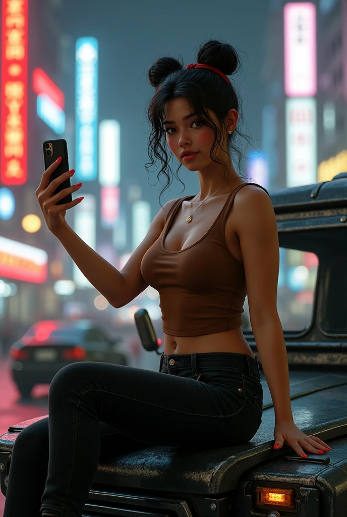 videogame, cyberpunk 2077, фотоrealistic, young woman, bun hairstyle with curly locks falling on the temples, dark red ribbon on forehead, Panama Palmer, nomad, big breasts, wearing a brown sleeveless T-shirt and black synthetic jeans, takes a photo on a phone, sits on the hood of a futuristic black Thorton Mackinaw truck "Warhorse", on fone Night City, selfie, looks at the viewer, throw, full-HD, realistic 