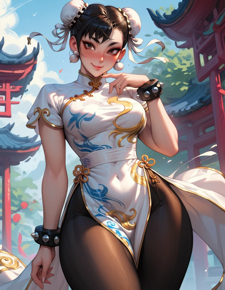 (masterpiece:1.2), highest quality, High resolution, unity 8k wallpaper, (fine and beautiful eyes:1.6), highly detailed face, perfect lighting, Detailed CG, (perfect hands, perfect anatomy:1.3), (1 femmale:1.4), (20 years old femmale:1.4),( black hair:1.3), (evil smile:1.3), detailed eyes, best quality,( dark skin:1.8),(blunt bangs:1.3), open mouth, (very short hair:1.4),(fingerless gloves:1.5), (half closed eyes:1.2),(chinese shirt:1.6),boots,(flat chest),standing,(bike shorts), (chinese vest:1.3)
