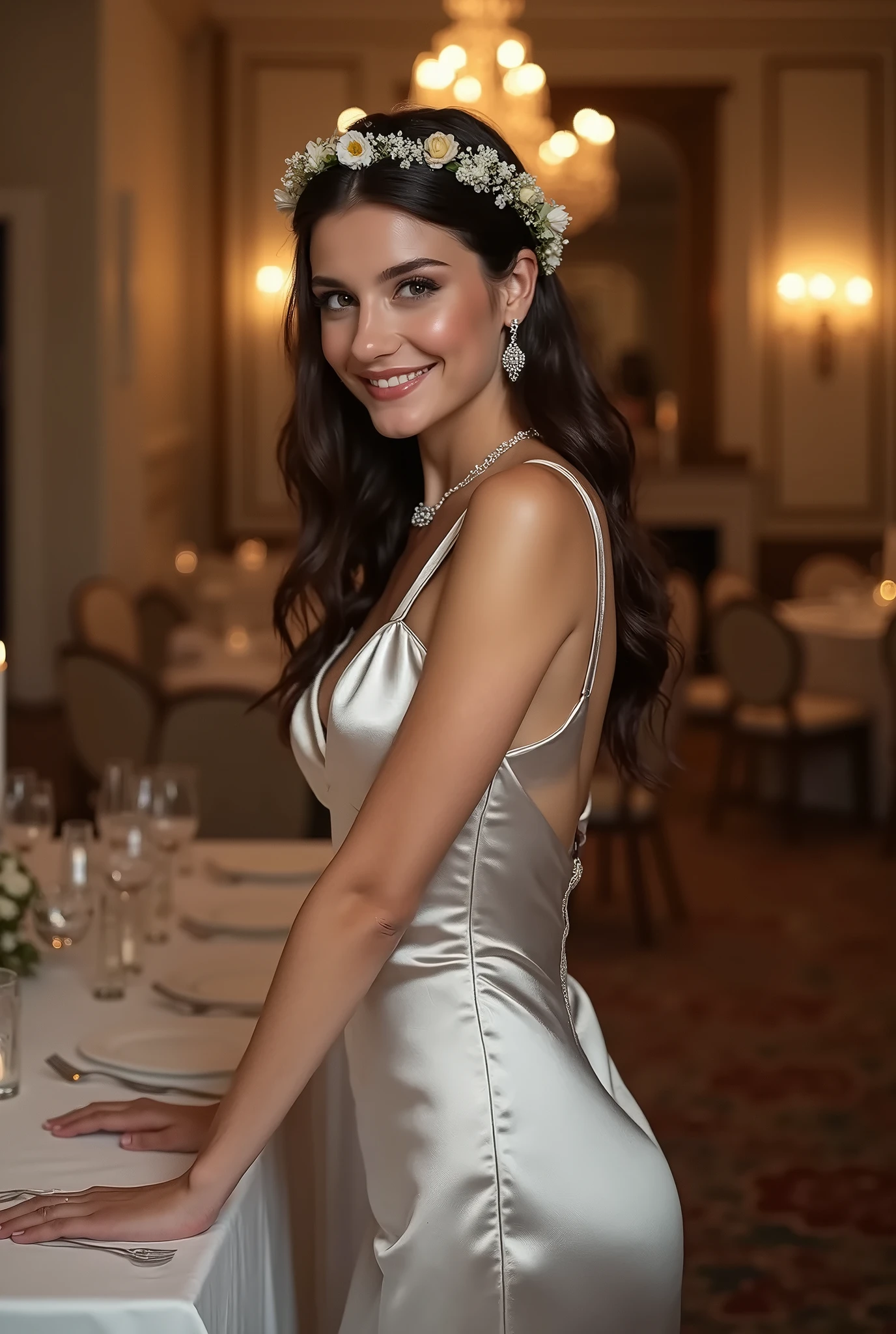 portrait of woman In the opulent ambiance of the Beverly Hills Hotel in Los Angeles, LaGermania exudes a captivating blend of historical allure and modern elegance. Her presence is a testament to timeless grace, adorned in a 17th-century-inspired Unterkleid crafted from the finest Italian silk originating from Venice circa 1660.

LaGermania's Unterkleid is a masterpiece of opulence, featuring luxurious brocade patterns enriched with intricate gold thread accents. The bodice is adorned with Flemish lace, renowned for its detailed motifs of intertwining vines and flowers that showcase the craftsmanship of the era. The skirt, elegantly cut just above her knees, is adorned with a wide lace hem, adding a touch of sophistication to her ensemble. Her blonde hair, styled in elegant buns, complements the refined aesthetic of her attire, enhancing her unique appearance.

Standing at the entrance of the iconic Pink Palace, LaGermania's attire becomes a focal point against the backdrop of the grand hotel. The entrance, framed by towering palm trees and vibrant floral arrangements, exudes historic luxury and Hollywood glamour. The bright California sun casts sharp shadows, accentuating the rich pink hue of the hotel's exterior and illuminating the lush greenery of its surroundings.

LaGermania's demeanor reflects a blend of joy and relaxation, embodying a carefree spirit as she enjoys the simple pleasure of exploring this legendary landmark. Her friendly, seductive smile adds a whimsical charm to the scene, creating an intriguing juxtaposition of historical elegance against the backdrop of modern-day luxury.

The detailed textures of her exquisite silk Unterkleid, the opulent architecture of the Pink Palace, and the vibrant garden setting combine to create a vivid, almost surreal image. It captures a moment of serene enchantment—a fusion of historical fascination and contemporary allure 