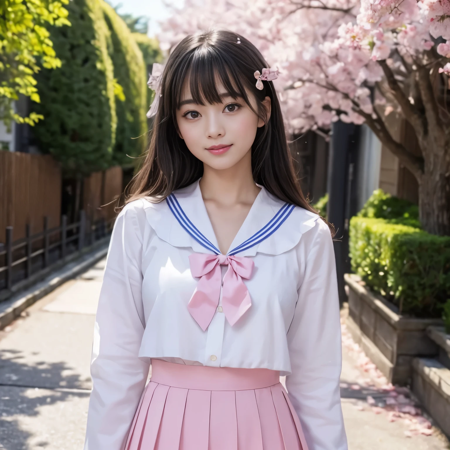 Standing on the side of a Japanese street，Wear Japanese student sailor uniform, Sailor uniform is white with pink collar，Pink pleated skirt，（knee shot)，best quality, Delicate face，beautiful visual work, lifelike,  eternity, black hair, Long curly hair, blunt bangs, Smile, Detailed Background,  Delicate face，pink blush，cold，((masterpiece))、(top quality)、8k、high detail、Super detailed，3 female, Seductive and whimsical style、masterpiece、born、Scenes resembling fairy tale illustrations、Intricate details and complex designs、Beautifully、magic、capricious、 Beautifully、Dream aesthetics、「𝓡𝓸𝓶𝓪𝓷𝓽𝓲𝓬、ethereal、charming、fickle、magic」、Realism、Visual effects、FXAA、SSAO、Shaders、voiceless、ambient lighting、Tone mapping、High resolution、Ultra high quality、Million pixels、(8K resolution:1.10)、8k、Below 8K、8K resolution、high detail、intricate details， (high quality:1.2、masterpiece:1.2、:1.21)、(3 female:1.21)、(Smile excitedly)、(Surrounded by the dreamy atmosphere