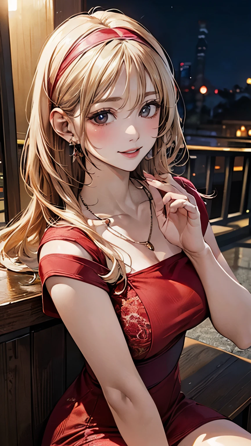 (masterpiece:1.2, Best Quality), (Realistic, photoRealistic:1.4), Beautiful illustrations, (Natural side lighting, Cinema Lighting), 
One girl looking at the viewer, Japanese, , Perfect Face, Perfect body, Cute and symmetrical face, Shiny skin, Baby Face, 
(Long Hair, Straight Sideburns, Hair Intake:1.2, Blonde), Swept-apart bangs, Blondeの瞳, Big Eyes, (Mid-chest, Captivating thighs), Earrings, 
Beautiful Hair, Beautiful Face, Beautiful detailed eyes Beautiful collarbone, Beautiful body, Beautiful breasts, Beautiful thighs, Beautiful legs, Beautiful fingers, 
((red dress headband top), necklace), 
(beautiful scenery), night, (bar), walk, (Beautiful smile, Above the eyes), 