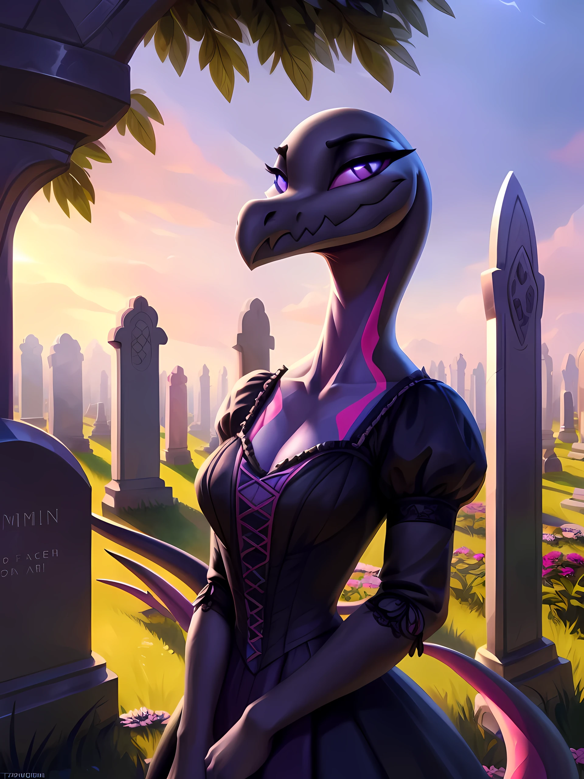 uploaded on e621, ((Salazzle)) by Pixelsketcher, by Bayard Wu, by Thomas Benjamin Kennington , by Einshelm, anthro, ((portrait, face focus, close-up)), BREAK, ((victorian dress:1.2)), full dress, flower print on Victorian dress, flowers on dress, black Victorian dress with long sleeves, (detailed Bonifasko lighting), (detailed scales), (detailed skin), (female Salazzle), BREAK, ((facing viewer)), (cinematic lighting), ((detailed background)), ((upper body portrait view)), (((portrait view))), (half body shadow), [backlighting], [crepuscular ray], [detailed ambient light], [gray natural lighting], [ambient light on the belly], (higher wildlife feral detail), [sharp focus], (shaded), ((masterpiece), medium breasts, furry Salazzle, reptilian face, furry Fantasy Art, furry Art, Commission for High Res, anthro Art, POV furry Art,Sakimichan beautiful, masterpiece, best quality, detailed image, bright colors, detailed face, perfect lighting, perfect shadows, perfect eyes, girl focus, purple eyes, flawless face, face focus, reptilian girl, scales, scaled woman, colorful scales, gaze at the viewer, half-closed eyes, 1girl, full body, (masterpiece:1.21), (best quality:1.2), (illustration:1.2), (cinematic lighting:1.3), detailed scales, balanced coloring, global illumination, ray tracing, good lighting, scales, anthro, looking at viewer, (outside, graveyard,  gothic architecture, mausoleum, standing outside), woman looking at viewer, woman looking at camera, seductive look, natural breasts, medium breasts, flowery Victorian dress, (short neck)