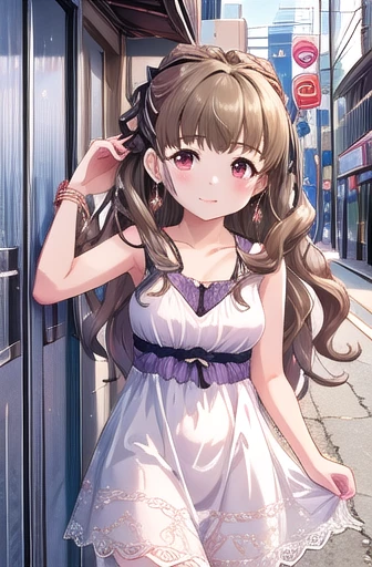 4k,ultra-detailed eyes, ultra-detailed, extremely detailed CG, masterpiece, best quality, extremely detailed CG, (soft shadows), (post processing:1.4), (extremety fine and beautiful:1.4) ,kamiya nao, shy expression, medium breasts, 1girl, solo, long hair, looking at viewer, blush, smile, brown hair, sleeveless, dress, sleeveless dress, ribbon, red eyes, jewelry, hair ribbon, earrings, puffy, white dress, bracelet, city background, outdoors, summer, nsfw, collarbone, bare arms, standing, 大きい胸