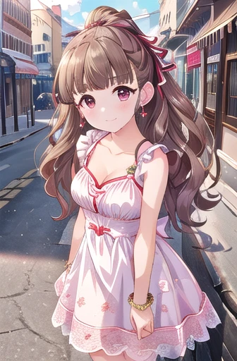 4k,ultra-detailed eyes, ultra-detailed, extremely detailed CG, masterpiece, best quality, extremely detailed CG, (soft shadows), (post processing:1.4), (extremety fine and beautiful:1.4) ,kamiya nao, shy expression, medium breasts, 1girl, solo, long hair, looking at viewer, blush, smile, brown hair, sleeveless, dress, sleeveless dress, ribbon, red eyes, jewelry, hair ribbon, earrings, puffy, white dress, bracelet, city background, outdoors, summer, nsfw, collarbone, bare arms, standing, 大きい胸