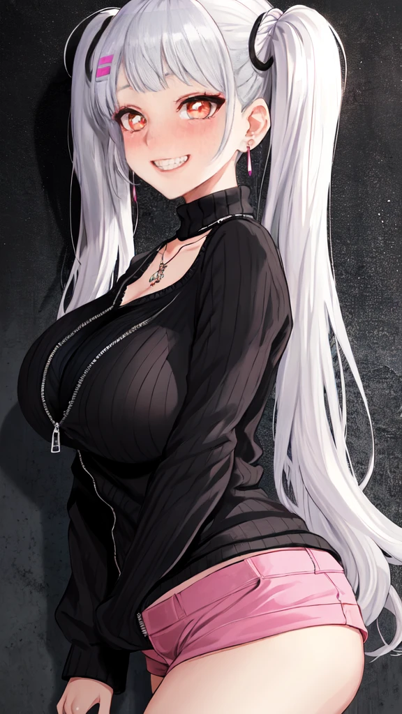 1girl, Holo-Punk Style, woman, masterpiece, white hair, best quality, Love Hotel,shy, grin, messy twintails, makeup, dynamic pose, blush, black shirt, unzipped white long sweater, blush, earrings, ruby necklace, breasts, lipstick, collarbone tattoo, mega big boob,No underwear、Ahegao