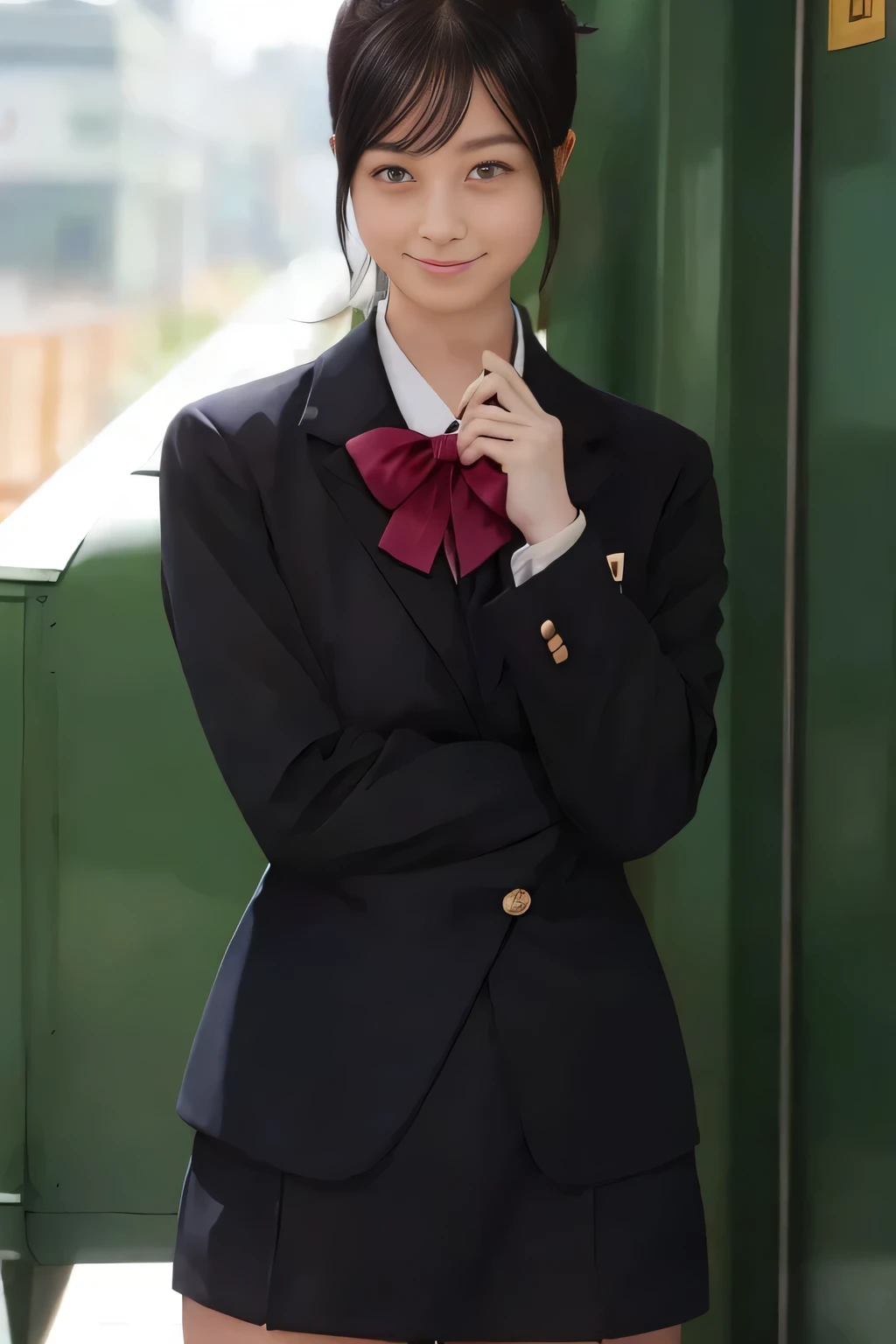 (masterpiece:1.2, Best Quality:1.2), 32K HDR, High resolution, (Alone、1 girl)、（Rooftop of a building during the day、Professional Lighting）、Building rooftop background、（JR woman train crew Uniform blackを着たリアルスタイル）、（（JR female train attendant uniform black white blouse short sleeve 、Black knee-length wrap culottes、Black jacket、scarf））、dark brown hair、（Long Hair、Hair tied up、Hair tied up）、dark brown hair、Long Shot、Big Breasts、Thin legs、（（Great hands：2.0）），（（Harmonious body proportions：1.5）），（（Normal limbs：2.0）），（（Normal finger：2.0）），（（Normal eyes：2.0））)、smile、（JR female flight attendant uniform black knee-length wrap culottes skirt beautiful posture）、Hands down