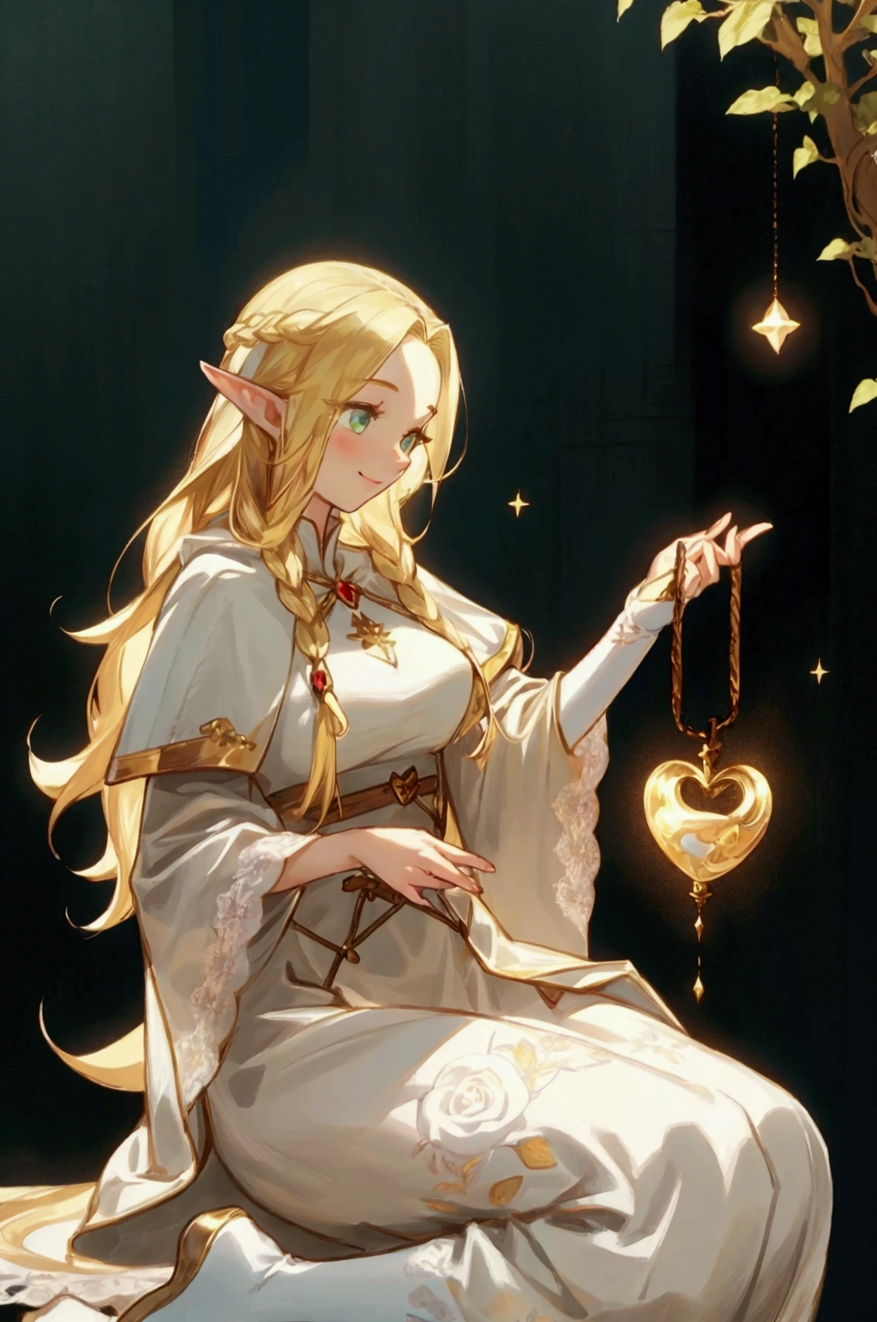 高いquality illustration, masterpiece, Very delicate and beautiful, masterpiece, Best Quality, High resolution, Very detailed, Perfect lighting、(1 female)、Blonde、elegant, Pointed Ears ，Waist-length hair，smile，Star decoration，White lace socks，Thorn，rose，Silver Jewelry