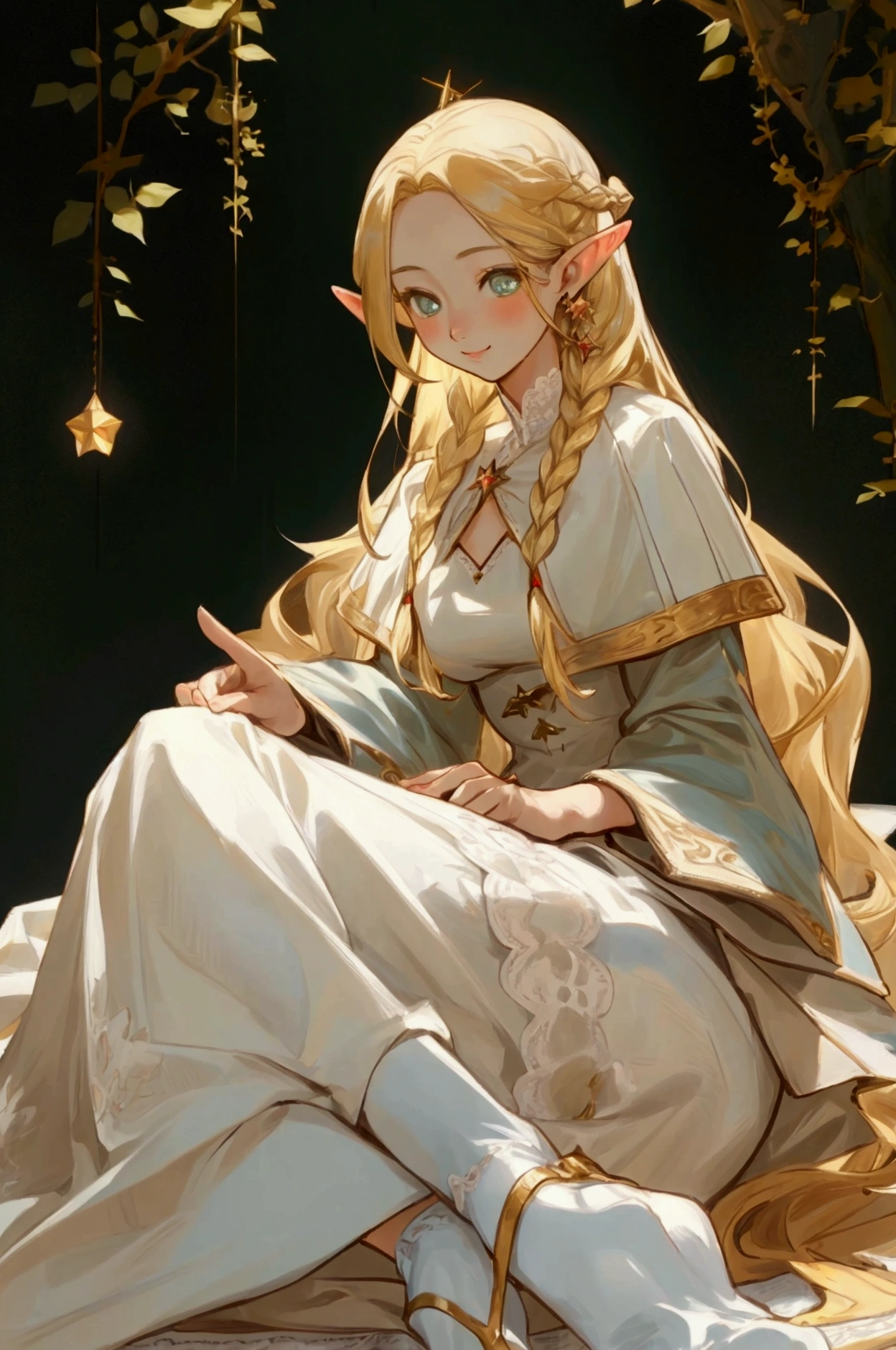 高いquality illustration, masterpiece, Very delicate and beautiful, masterpiece, Best Quality, High resolution, Very detailed, Perfect lighting、(1 female)、Blonde、elegant, Pointed Ears ，Waist-length hair，smile，Star decoration，White lace socks，Thorn，rose，Silver Jewelry