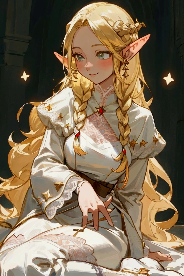 高いquality illustration, masterpiece, Very delicate and beautiful, masterpiece, Best Quality, High resolution, Very detailed, Perfect lighting、(1 female)、Blonde、elegant, Pointed Ears ，Waist-length hair，smile，Star decoration，White lace socks，Thorn，rose，Silver Jewelry