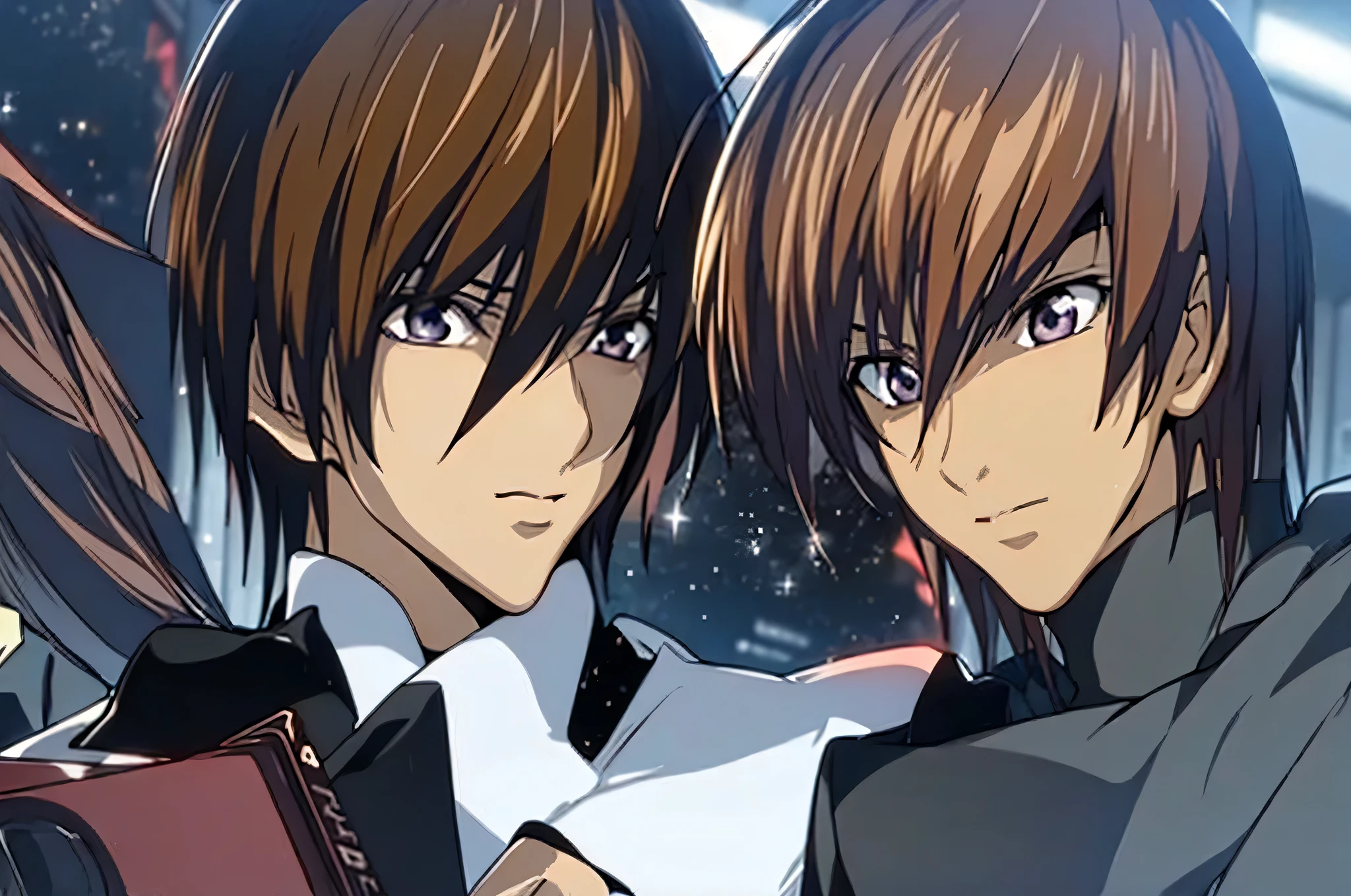 2boys, Kira Yamato,Yagami light,blown hair, with an evil smile, clutching a black Death Note, a sparkling background,