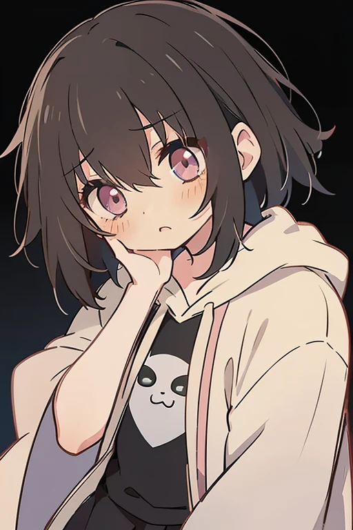 masterpiece of the highest quality, anime boy in a black dress with a white background, Only 1 person, Cute cute boy, Cute Animeのビジュアル, Anime Moe Art Style, by Ai-Mitsu, ((black)), Soft anime illustration, Wearing a hoodie, by EiQ, , , Cute Anime, Wearing a pink hoodie, パーカーを着たblack髪の, blackい目, blackい髪, depression, Bored Eyes, Neutral appearance