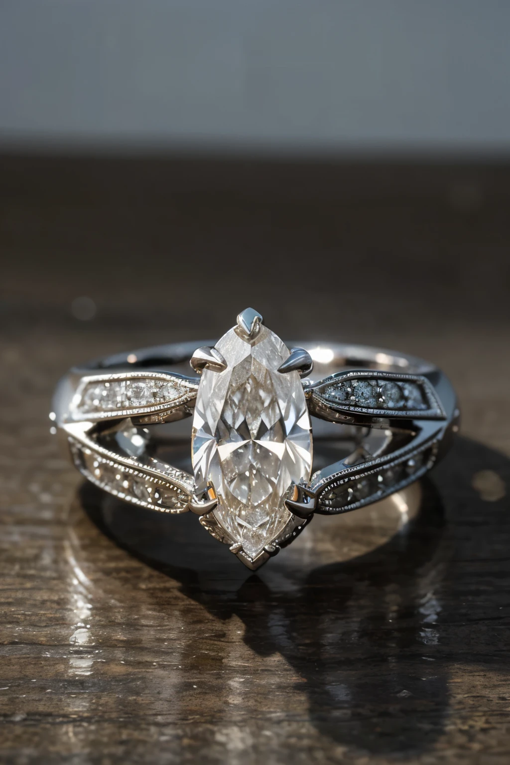 the picture is so real it looks like it was taken with a Nikon D850 camera. In high resolution .Macro. 2 carat diamond ring, white gold. Made by a skilled craftsman with a lot of experience. The ring is unique in its beauty. On the diamond plays rays from the footlights. The brilliance of the stone mesmerises and delights! Realistic picture.