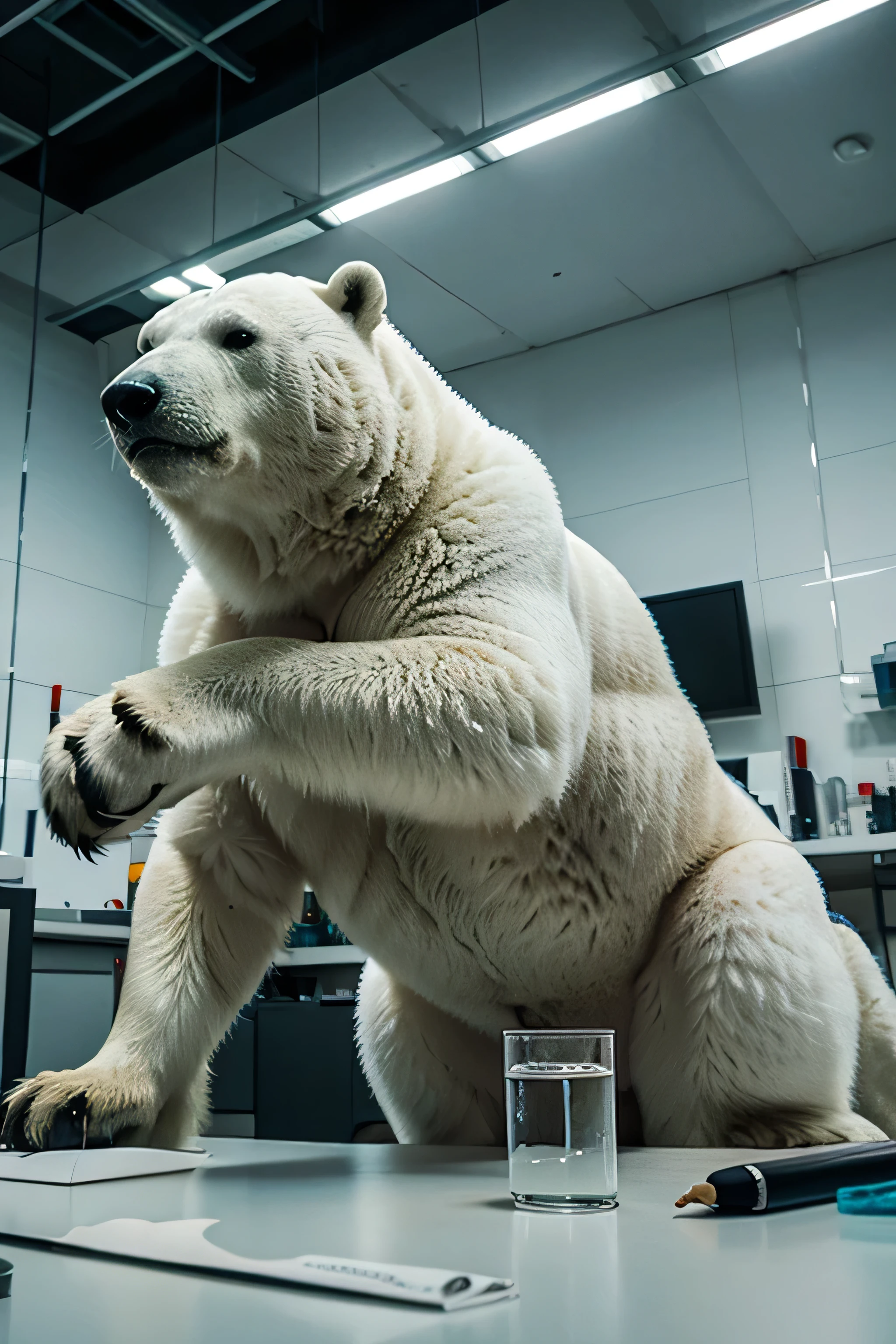 Overweight polar bear、Polar bear fur、Belly rubbing pose、Both hands touching the belly、Pose with one leg raised、Fat-filled abdomen、Profile of face、Side view、Lots of pubic hair、Very long armpit hair、Thick chest hair、Composition looking up from diagonally below、Roaring Polar Bear、Concrete Background、Long body、very short legs、Hairless head、Upward facing face、Sweaty body、White Breath