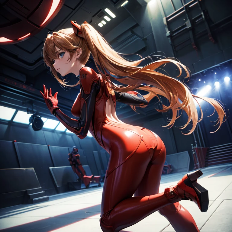 , 独奏, Wearing transparent tights that fit snugly in a red bodysuit、With a thin fabric that emphasizes smiling buttocks、Super close-up looking up from below、gymnast、masterpiece, top-quality, realisitic, ultra-detailliert, (shinny skin, Sweating: 1.4), Versatile sexy poses、Long braided black hair, Brown-eyed, slender, dynamic light and shadow, hight resolution, foco nítido, depth of fields, Narrow-eyed, Sharp pupils, Realistic pupils, (breasts are small: 1.6), (Thigh thickness: 1.0),Gymnastics Stadium