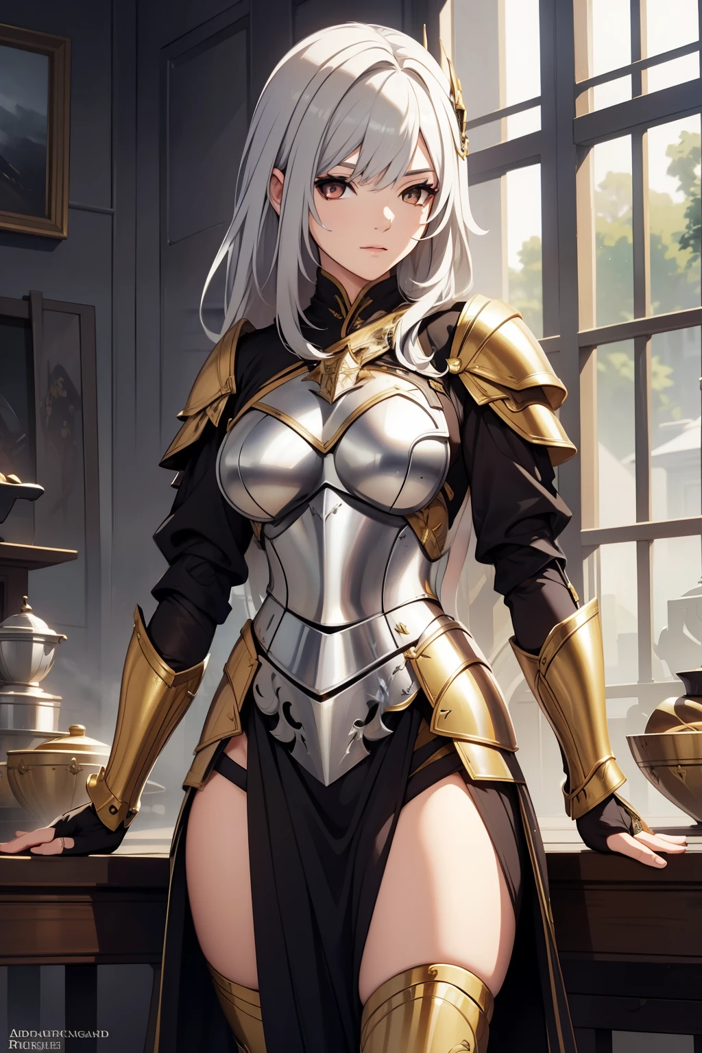 masterpiece，hoang lap，finely detailed，HDR，Highly detailed golden armor，armadura brilhante，Realistic PLD_armors，Female Knight in Armor，PLD Wear_armors