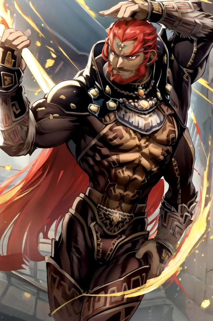 masterpiece最high quality, One Person, Ganondorf, Redhead, Long Hair, beard, Red eyes, Green Skin,((Very strong body)),Very muscular, Pectoral muscles, Abdominal muscles,Thick-boned waist, jewelry, Gazing at the audience, ((Very sexy groin bulge)),manly,Powerful,Long Hair,bun,Highly detailed background, Perfect masterpiece, high quality, High resolution writing boundary depth, Perfect lighting, (Particles of light),(最high quality),(masterpiece),(Super shipment ended),Sharp focus,Particles of light