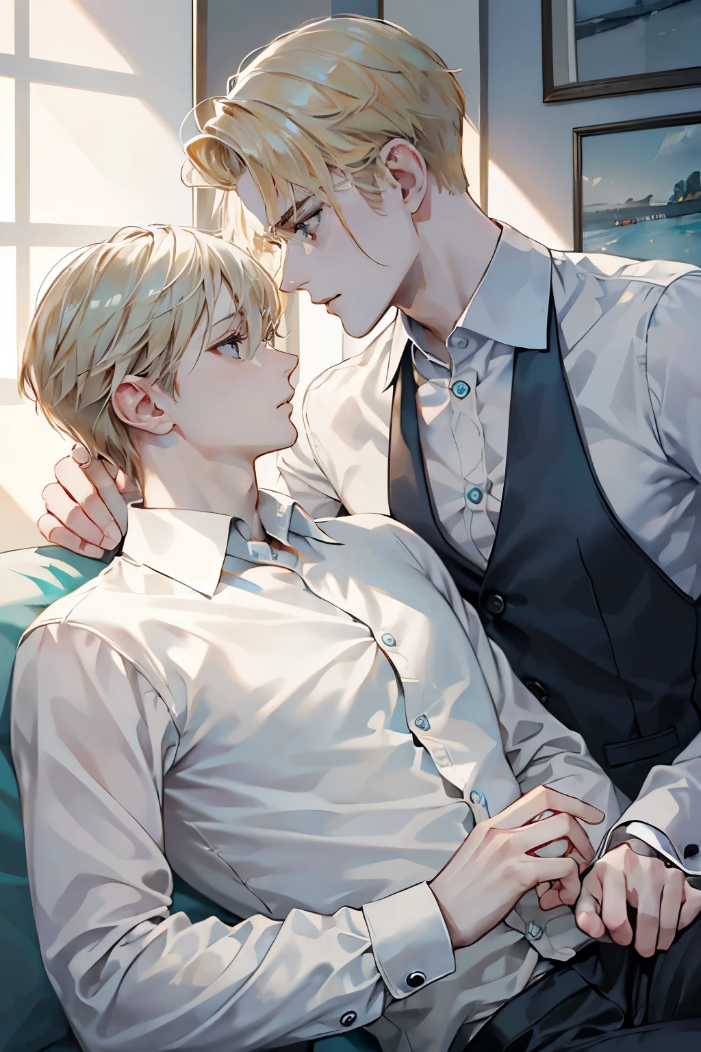 masterpiece, ultra detail, high quality, Yaoi, BL anime, Two adult men are united, Open shirt, pants, on_couch, gay, male, relationship,gay male relationship, face close up