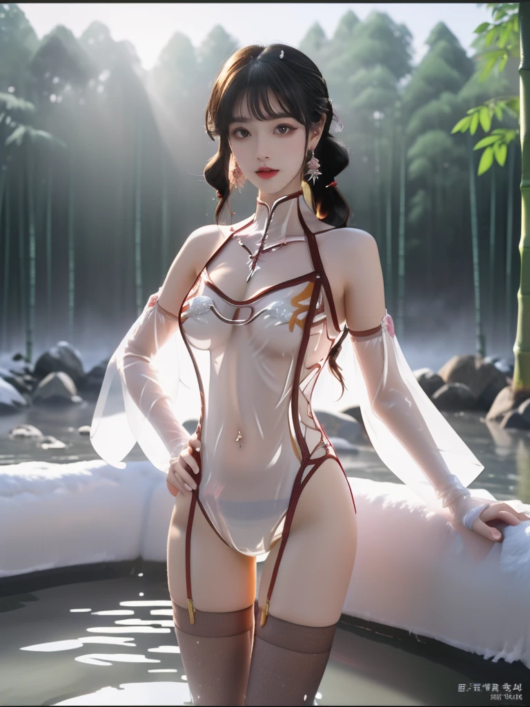 ((A woman)), 美丽脸庞的Sexy中国华裔女明星, Wearing red strappy bikini underwear, Wearing pink transparent clothes, (((Light theme, Exposing the subject, Sexy主题)))
((Transparent adhesive clothes: 1.5), (Revealing clothes: 1.5),  (Wet clothes:1.0), (Color of clothes: Pink), ((Wearing transparent clothing)))
(((night, Private hot spring, Surrounded by fog, Dense bamboo forest, Standing in the water, Snow Scene))),
((desktop:1.0), (Highest quality:1.0), (high resolution:1.2), (Reality:1.0))
((8K Ultra HD, 8K, 超high resolution, Best quality, Super Fine, Clear focus. Masterpieces, complete pattern, Ultra HD, Detailed photos, Best image quality，Ultra-clear，Delicate facial features，Well-defined, Highly rated works, Close-up depth of field photography, Above the knee, Symmetrical character)), 
((Creating the image of a real girl), Realistic shadows, Soft lighting, Dynamic Angle, Dynamic poses, Elegant Posture, Cowboy lens, Full body front view, Be confident, Facing the camera, Eyes looking towards camera lens, Standing posture, Open your legs slightly, Golden Ratio Graphics, Minimalism, Center the character), 
( Smile, Sexy的, Balanced Eyes, Realistic eyes, Beautiful details of the eyes,Pretty Face, (Realistic face), Normal facial features, Realistic skin, Pay attention to skin details, Skin is clean and radiant, Whitening, Anatomically correct body, Golden ratio figure, Sexy的身材), 
(Perfect makeup, Gloves, earrings</input></xml>, bracelet, necklace, Jewelry, Hair accessories, shawl, sock, Knee socks, 吊garter, Leg ring, garter, 腿部garter), 
((beautiful hair), Dark black hair, Wavy curly hairstyle, Waist-length hair, Messy Hairstyle, Gradient hairstyles, Cyberpunk Hairstyle, High double ponytail hairstyle), 
(Sexy的, Perfect breast shape, Teardrop chest shape, Snow-white breasts, Very detailed breasts, 34C cup), 
(Super high waist, Deep V, Low-cut, Sexy, Flattering, Open crotch, (Clear camel toe, (High fork strangulation))),
(((Clear outline, Clear underwear, 透明Sexy的穿着)))