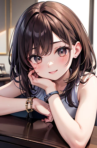 (Tabletop, highest quality, High resolution, , Perfect Pixel, 4K,), 1 girl, single, alone, Beautiful woman、I could see the whole body、 ((Wavy mid-length hair, bangs, Brown Hair)), ((Brown eyes, Beautiful eyelashes, Realistic eyes)), ((Detailed face, blush:1.2)), ((Smooth texture:0.75, Realistic texture:0.65, Realistic:1.1, Anime CG Style)), Medium Chest, Dynamic Angle, Perfect body, female teacher、((, White sleeveless top、Dark Blue Long Pleated Skirt、Black Stockings、Cute Necklace、Earrings、)), look up、A shy smile、Accentuate your breasts、Put your hands behind your back and stick out your chest、)、Angle from below、classroom、Sitting on the floor、、