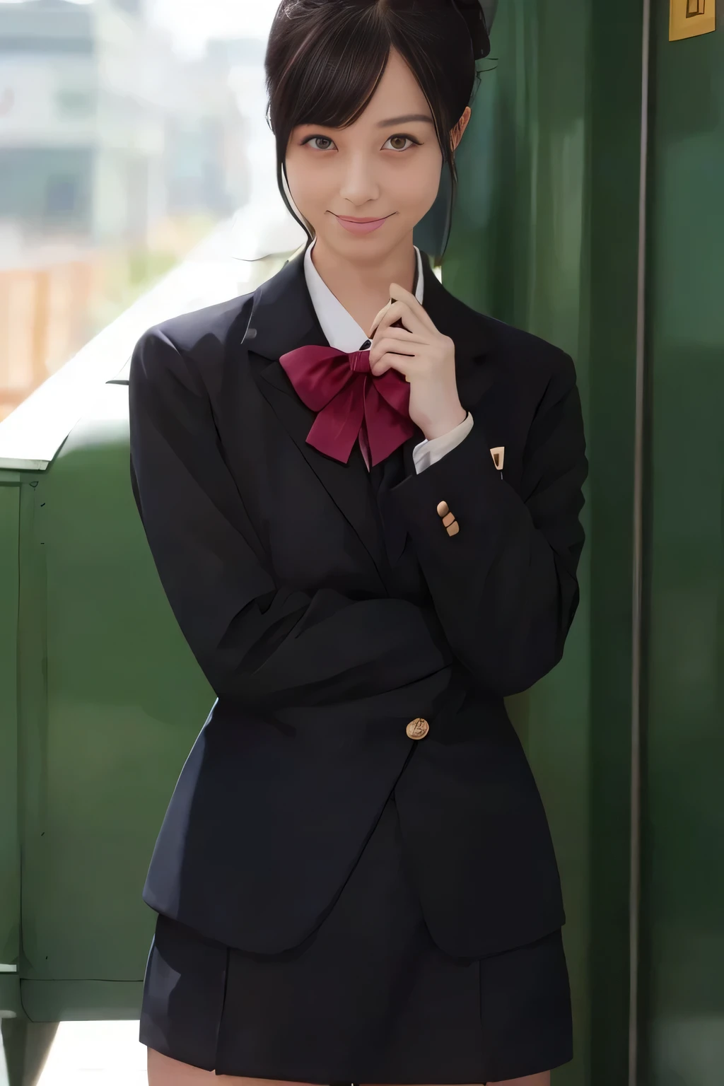 (masterpiece:1.2, Best Quality:1.2), 32K HDR, High resolution, (Alone、1 girl)、（Rooftop of a building during the day、Professional Lighting）、Building rooftop background、（JR woman train crew Uniform blackを着たリアルスタイル）、（（JR female train attendant uniform black white blouse short sleeve 、Black knee-length wrap culottes、Black jacket、scarf））、dark brown hair、（Long Hair、Hair tied up、Hair tied up）、dark brown hair、Long Shot、Big Breasts、Thin legs、（（Great hands：2.0）），（（Harmonious body proportions：1.5）），（（Normal limbs：2.0）），（（Normal finger：2.0）），（（Normal eyes：2.0））)、smile、（JR female flight attendant uniform black knee-length wrap culottes skirt beautiful posture）、Hands down