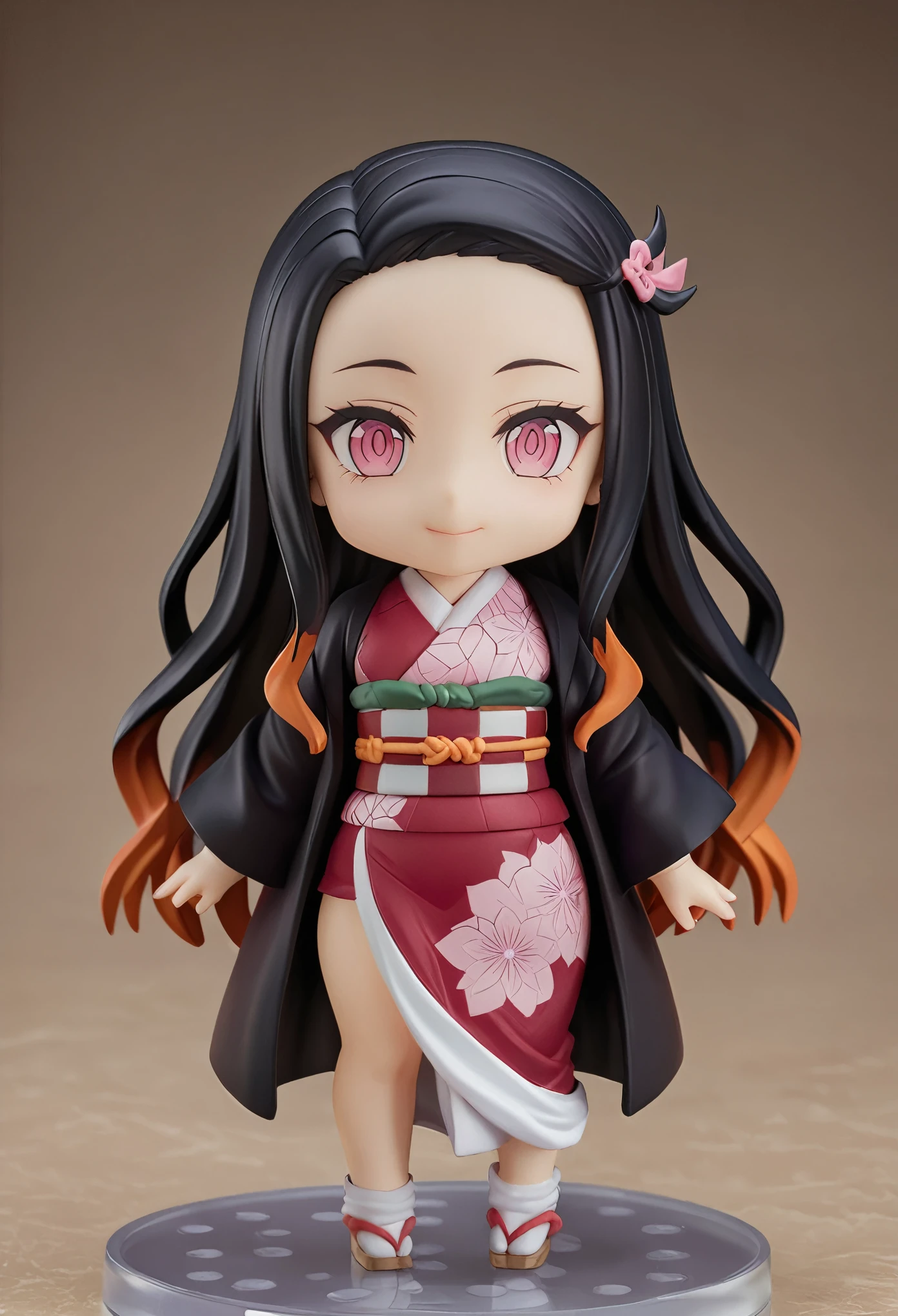 Professional anime illustration, Best Quality, high quality, masterpiece original, Incredibly detailed, ultra realistic, hyper Realistic, Ultra-high resolution, Realistic, A happy look、
break、Nendoroid、3:3、Deformation、Cute character、small、Standing facing this way、Chibi、smile、Demon slayer、Kamado Nezuko