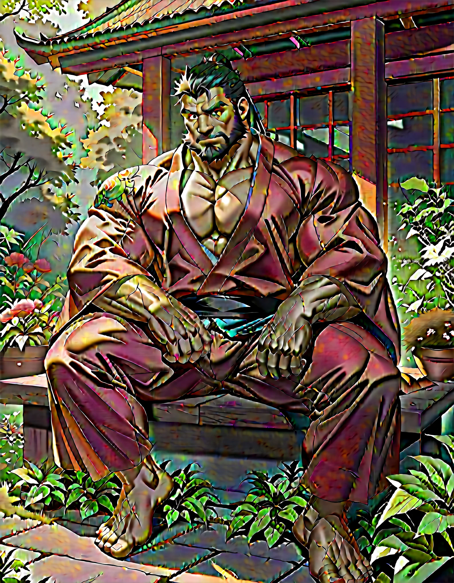 A handsome and strong Japanese yakuza 35 year old man lies in a Japanese-style room late at night,micro bbikini,Black super long hair,Very masculine face shape,Wide face,Trimmed neatly trimmed beard,((Pale skin)),Fair skin color,Long slender figure,His body is covered with traditional Japanese tattoos,(Holding a Japanese-style short knife),It was dark, lantern,tatami floor,(((Ultra-low angle shooting))),((((high detal)))), (Full shot), (photorealistic,Photorealistic,photo-realistic:2), (perfect bodies), (Perfect face),(dregs:1.5), (Perfect eye), dangerous, bad-ass, Epic, ((((com rosto detalhado,Correct body structure,Correct body proportions))))