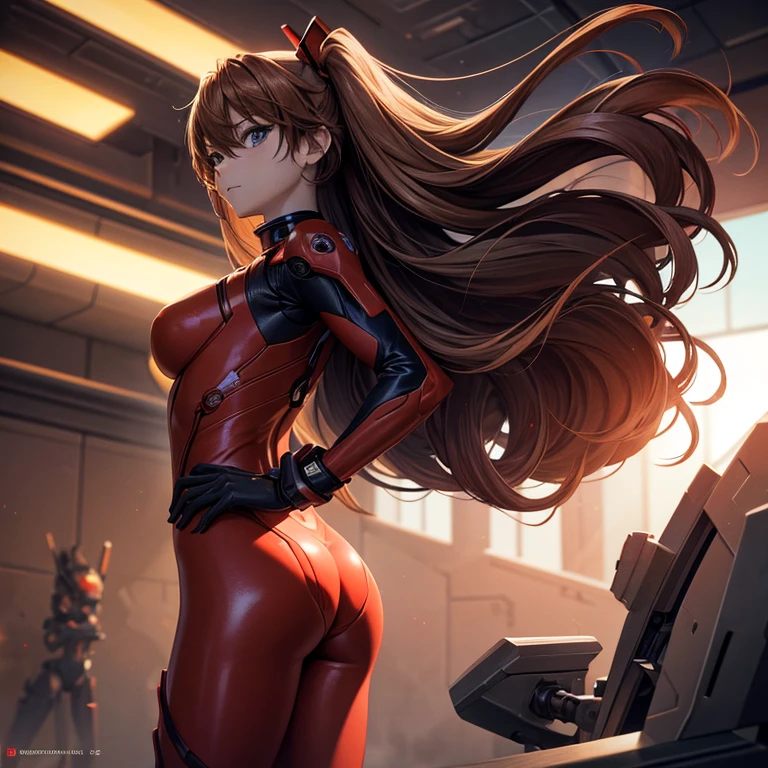 {best quality}, {{masterpiece}}, {highres}, original, extremely detailed 8K wallpaper, 1girl, {an extremely delicate and beautiful}, <lora:asukaLangleySohryu_v9:0.8>,ouryuu asuka langley,  bodysuit under clothes,white bodysuit, eyepatch,upper body,foreshortening,closed mouth,smile, <lora:shaftHeadTilt45Pose_fromBehindFromSide:1.5>,from behind,shaft head tilt