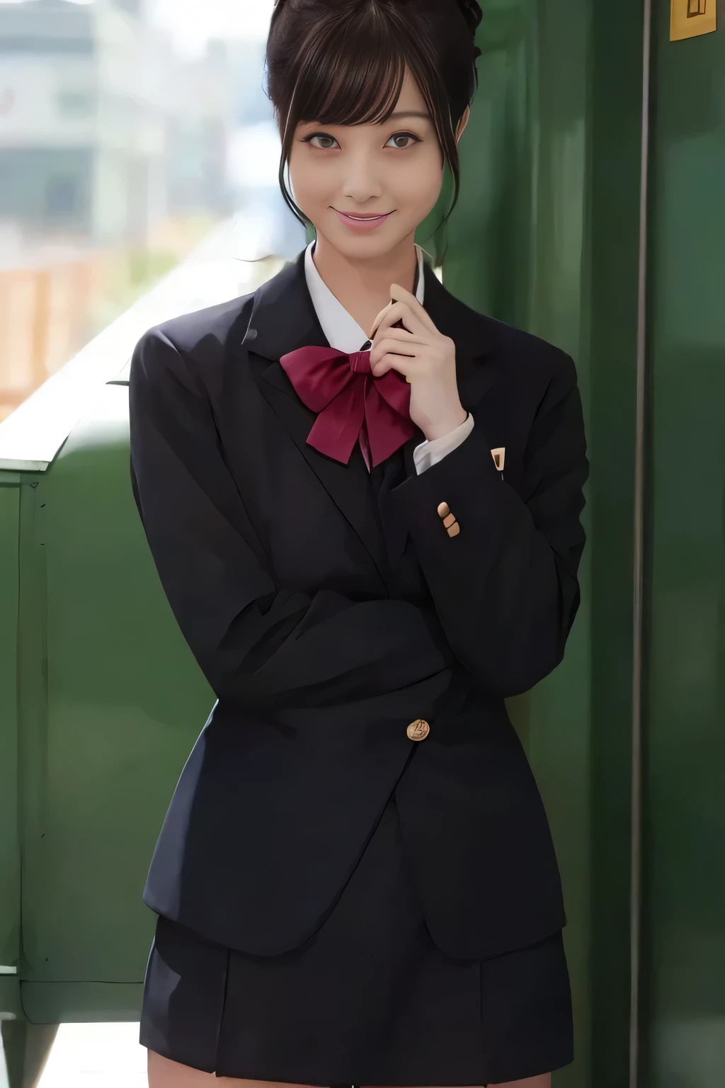 (masterpiece:1.2, Best Quality:1.2), 32K HDR, High resolution, (Alone、1 girl)、（Rooftop of a building during the day、Professional Lighting）、Building rooftop background、（JR woman train crew Uniform blackを着たリアルスタイル）、（（JR female train attendant uniform black white blouse short sleeve 、Black knee-length wrap culottes、Black jacket、scarf））、dark brown hair、（Long Hair、Hair tied up、Hair tied up）、dark brown hair、Long Shot、Big Breasts、Thin legs、（（Great hands：2.0）），（（Harmonious body proportions：1.5）），（（Normal limbs：2.0）），（（Normal finger：2.0）），（（Normal eyes：2.0））)、smile、（JR female flight attendant uniform black knee-length wrap culottes skirt beautiful posture）、Hands down