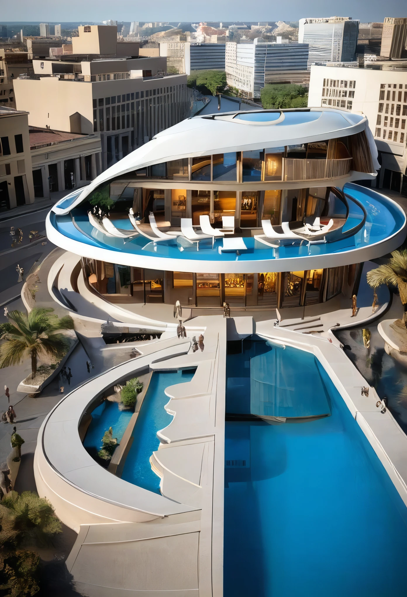 The biggest and most top bar in the city with a Greco-Roman theme inspired by the Roman colossus that includes a platform and a pool in the center