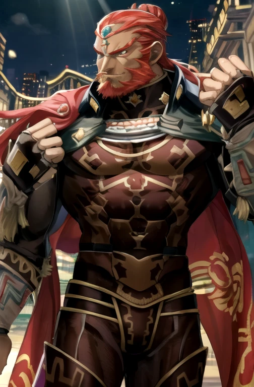 masterpiece最high quality, One Person, Ganondorf, Redhead, Long Hair, beard, Red eyes, Green Skin,((Very strong body)),Very muscular, Pectoral muscles, Abdominal muscles,Thick-boned waist, jewelry, Gazing at the audience, ((Very sexy election groin)),manly,Powerful,Long Hair,bun,Highly detailed background, Perfect masterpiece, high quality, High resolution writing boundary depth, Perfect lighting, (Particles of light),(最high quality),(masterpiece),(Super shipment ended),Sharp focus,Particles of light