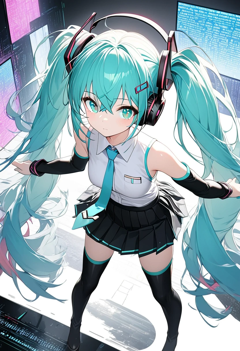 1girl, solo, hatsune miku, aqua eyes, aqua hair, crossed bangs, hair between eyes, hair ornament, headphones, long hair, twintails, aqua necktie, black footwear, black skirt, black sleeves, boots, collared shirt, detached sleeves, grey shirt, necktie, pleated skirt, shirt, skirt, sleeveless, sleeveless shirt, thigh boots, tie clip, strong light, hologram, disappear, see of figure, mantle, lots of displays, tights of light, glitching, full body, (masterpiece:1.2), ultra detailed, best quality,, binary code and digital art,binary code, digital art, only zero and one,, hackedtech, scifi, cyberpunk, data stream,pixelated