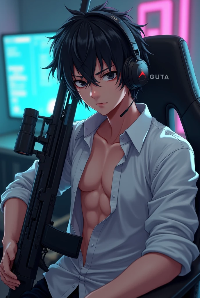 A shirtless guy is relaxed and sits in a chair. He is absorbed in playing video game, his hands gripping a gamepad intently. The room is illuminated solely by the vibrant glow of the PC display light and RGB lights, looking at screen ((Strong men&#39;s:1.3)),((black hair:1.3)),(Shiny marble eyes:1.45),(NSFW:1.15),((very short hair:1.2)),(A lustrous, soft face:1.4),((blush、Mischievous Smile、Excited face:1.2)),((head down:1.3)),((hand to own mouth:1.5)),((Short sleeve:1.3)),(black、yellow、white、pink),((beautiful image:1.2)),((high Quality:1.2)),((perfect pixiv:1.2)),upper body