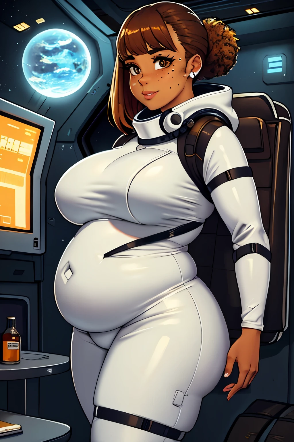gwen tennyson,tracer,bulma,rebecca chambers,overwatch,1girl,sunny,close up,cyberpunk city,space ship,planet, mandalorian,military uniform,bounty hunter gear,green long sleeve lycra top,military leggings,long hair,silver earrings,night gown,holding a blaster, gothic makeup,green eyes,orange hair,purple hair highlights,shy smile, freckles,redhead,beautiful girl,large breasts,ultra detailed,realistic,fantasy art, (huge pregnant belly:1.3)