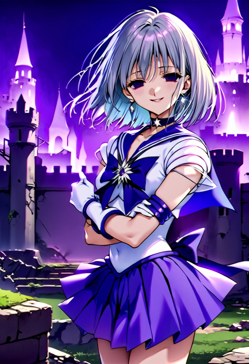 score_9, score_8_up, score_7_up,masterpiece,Best Quality,Very erotic,absurdres,(SKIRT, GLOVES, BOW, JEWELRY, PLEATED SKIRT, EARRINGS, CHOKER, ELBOW GLOVES, WHITE GLOVES, SAILOR COLLAR, Star (symbol), MAGICAL GIRL, tiara, BROOCH, PURPLE SKIRT, BACK BOW, SAILOR SENSHI UNIFORM, Star CHOKER, PURPLE SAILOR COLLAR, Star BROOCH, SAILOR SATURN),,Silver Hair,Purple eyes,(Destroyed Castle:1.4),(Destroyed Outdoors:1.4),night,,looking at viewer,(empty eyes,:1.4),(evil smile:1.4),