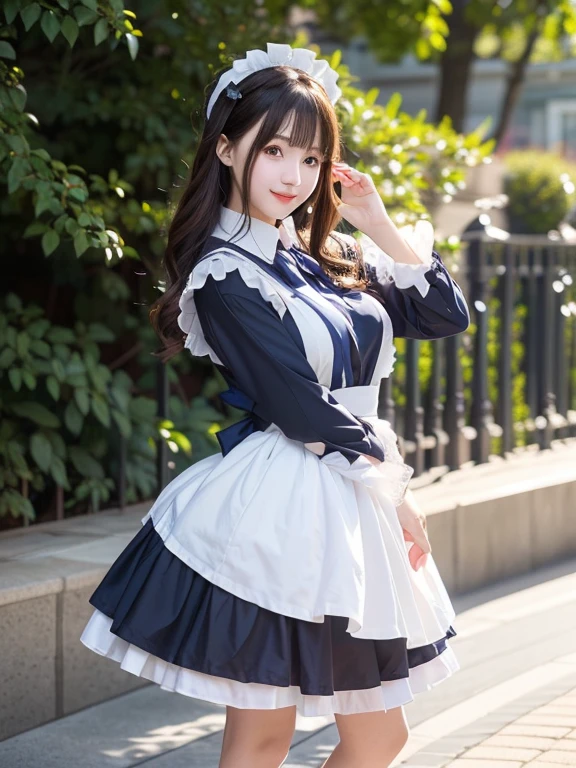 Photo-realistic quality、anime - style woman in a white and blue ドレス posing for a picture, anime Cosplay, anime girl Cosplay、 Cosplay,  Maid Dress, Azur Lane Style, Anime Goddess,, professional Cosplay, Looking at the camera、Cute smile、A soft and gentle look