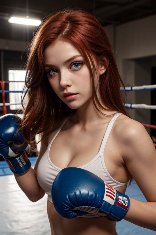 red hair, blue crop, tall, slim waist, firm breasts, sporty hips photo taken at a boxing match