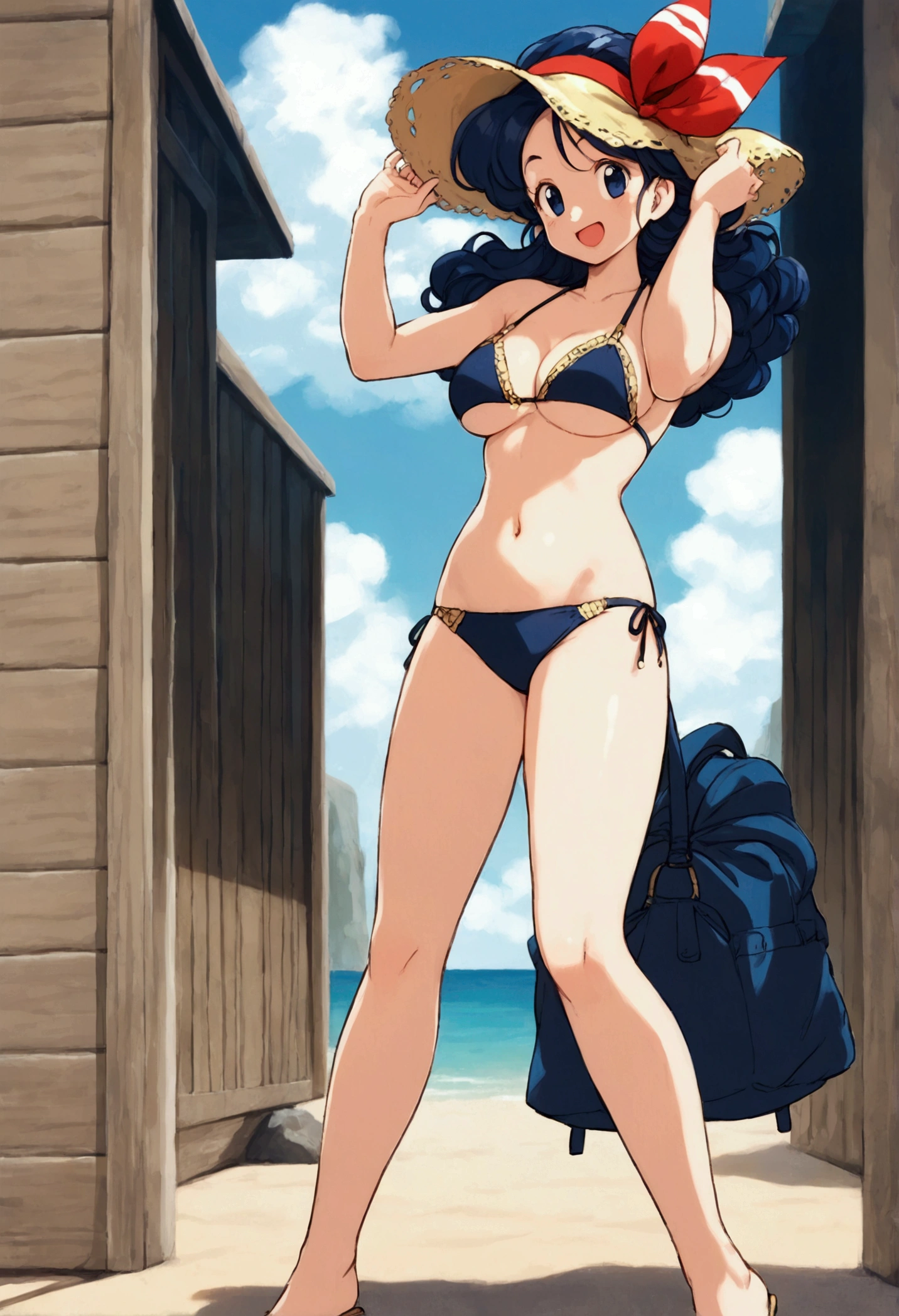 1girl, solo,underwear, navel, breasts, realistic, long hair,, lips, looking at viewer, red hair, collarbone,braided ponytail,yellow eyes, cowboy shot,standing, from below, frilled bikini, legs open, dynamic pose, white skin, pale skin, arms on belly, outside, night time, moon,stars,beach sand, cameltoes, 16:9, tan lines, night robe