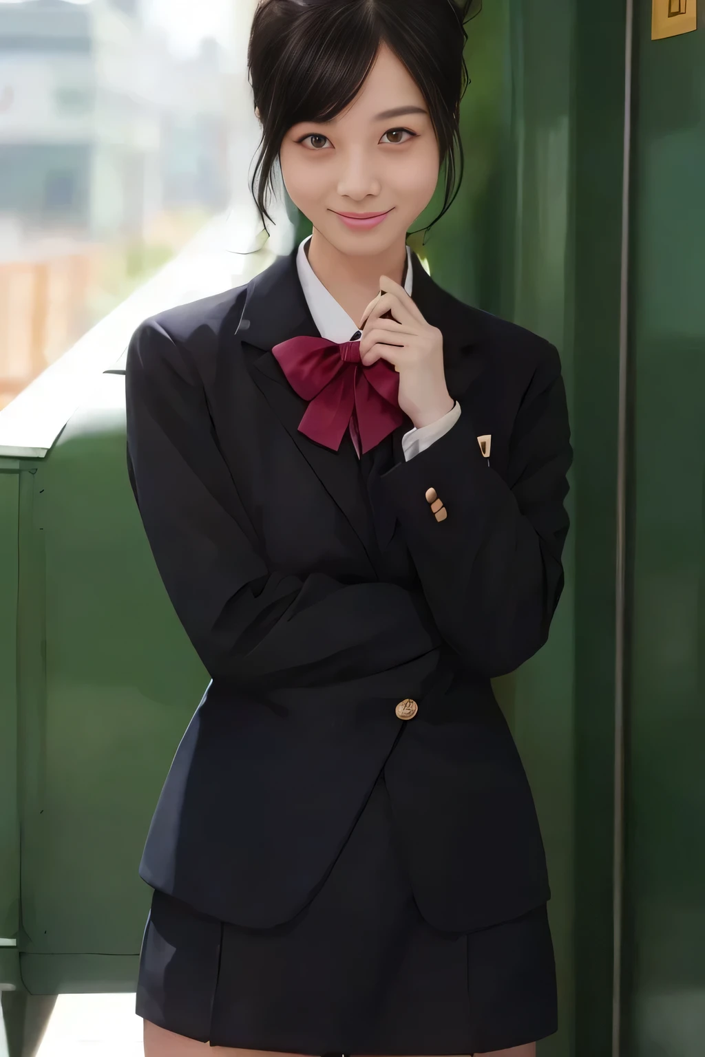 (masterpiece:1.2, Best Quality:1.2), 32K HDR, High resolution, (Alone、1 girl)、（Rooftop of a building during the day、Professional Lighting）、Building rooftop background、（JR woman train crew Uniform blackを着たリアルスタイル）、（（JR female train attendant uniform black white blouse short sleeve 、Black knee-length wrap culottes、Black jacket、scarf））、dark brown hair、（Long Hair、Hair tied up、Hair tied up）、dark brown hair、Long Shot、Big Breasts、Thin legs、（（Great hands：2.0）），（（Harmonious body proportions：1.5）），（（Normal limbs：2.0）），（（Normal finger：2.0）），（（Normal eyes：2.0））)、smile、（JR female flight attendant uniform black knee-length wrap culottes skirt beautiful posture）、Hands down