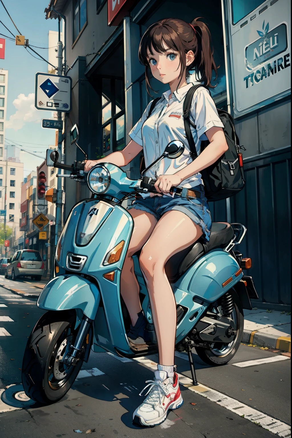 (masterpiece),(Highest quality:1.2),(Super detailed),(High resolution),(Highest quality),An illustration,8k,wallpaper,One female,Woman galloping on a Vespa,(smile),A stylish helmet,Stylish clothing,Detailed motorcycle drawing