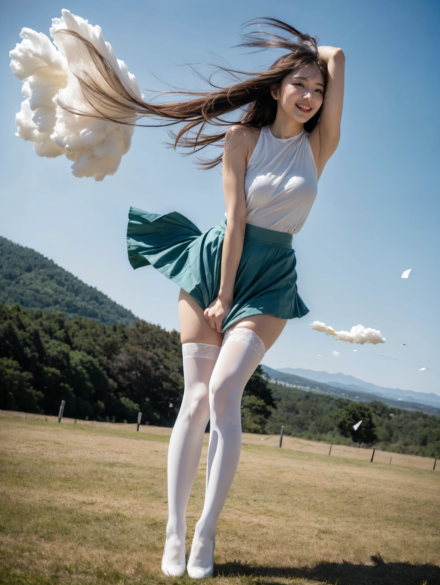 (((8k、High resolution、Best Quality、High resolution)))Alone、Natural body shape、White skin、Natural Makeup、Halter neck dress、(Ultra-realistic pantyhose:1.3), Skirt and thighs、High heels、(Full Body Shot), Green, Beautiful mature woman, Pastel colors、Random Color、Like affair、joy、Excited、happiness、Like、Love Like、Field、(Strong winds:1.3), (The wind blows up my skirt:1.6), wind lift, AsianEyesEra