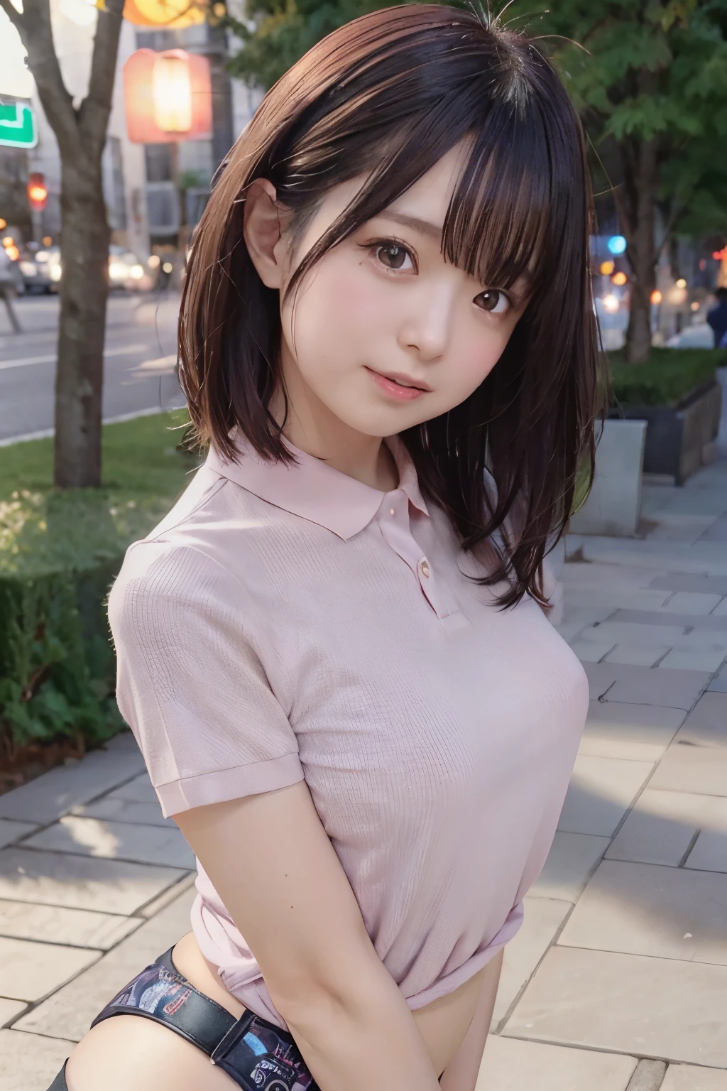 Wearing a pink leotard,Street corner of Tokyo wearing a headband with rabbit ears,highleg leotard,A smile,A dark-haired,short-hair,Sticking out the buttocks,Hands on knees