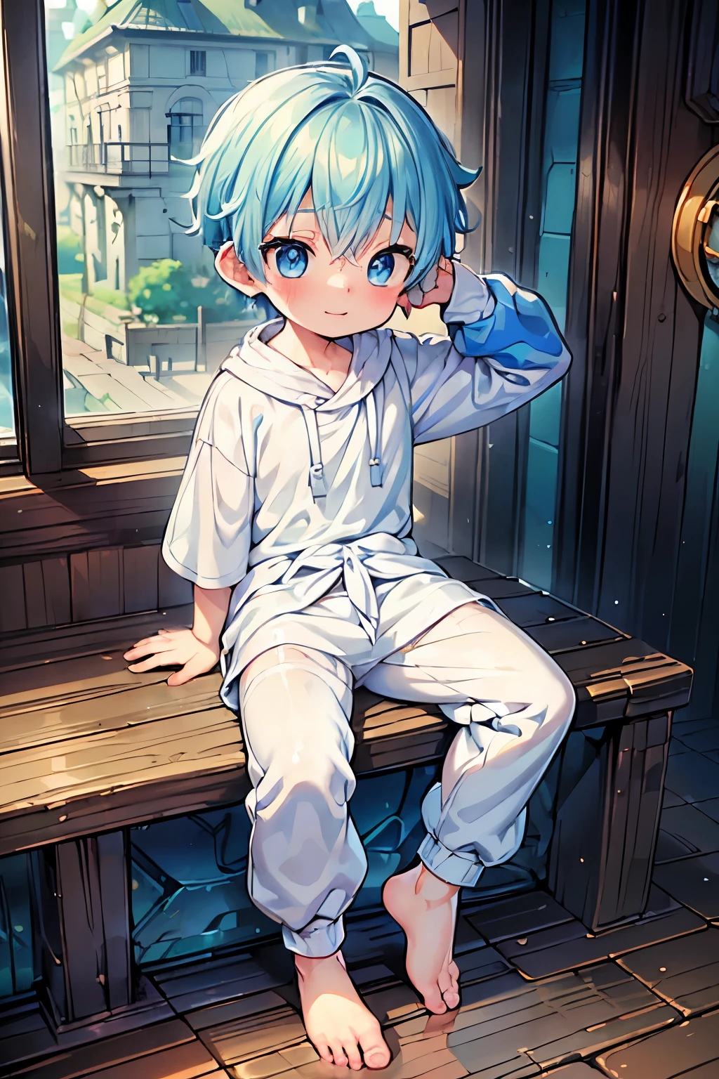 4k, (Masterpiece:1),  boy with blue colored hair and shiny, glowing cyan eyes and barefoot, cinematic, young, boy, child,l, toddtiny fe, focus on feet, feet, blushing, (Young:1.4), (Child:1.4), (Shota:1.4), (male:1.4), (boy:1.4), (feet:1.4),