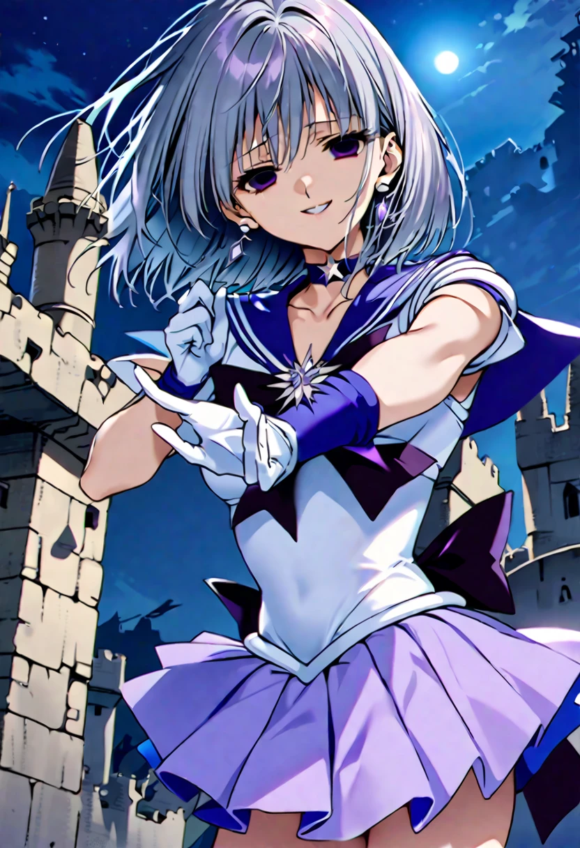 score_9, score_8_up, score_7_up,masterpiece,Best Quality,Very erotic,absurdres,(SKIRT, GLOVES, BOW, JEWELRY, PLEATED SKIRT, EARRINGS, CHOKER, ELBOW GLOVES, WHITE GLOVES, SAILOR COLLAR, Star (symbol), MAGICAL GIRL, tiara, BROOCH, PURPLE SKIRT, BACK BOW, SAILOR SENSHI UNIFORM, Star CHOKER, PURPLE SAILOR COLLAR, Star BROOCH, SAILOR SATURN),,Silver Hair,Purple eyes,(Destroyed Castle:1.6),Outdoor,night,,looking at viewer,(empty eyes,:1.4),(evil smile:1.4),